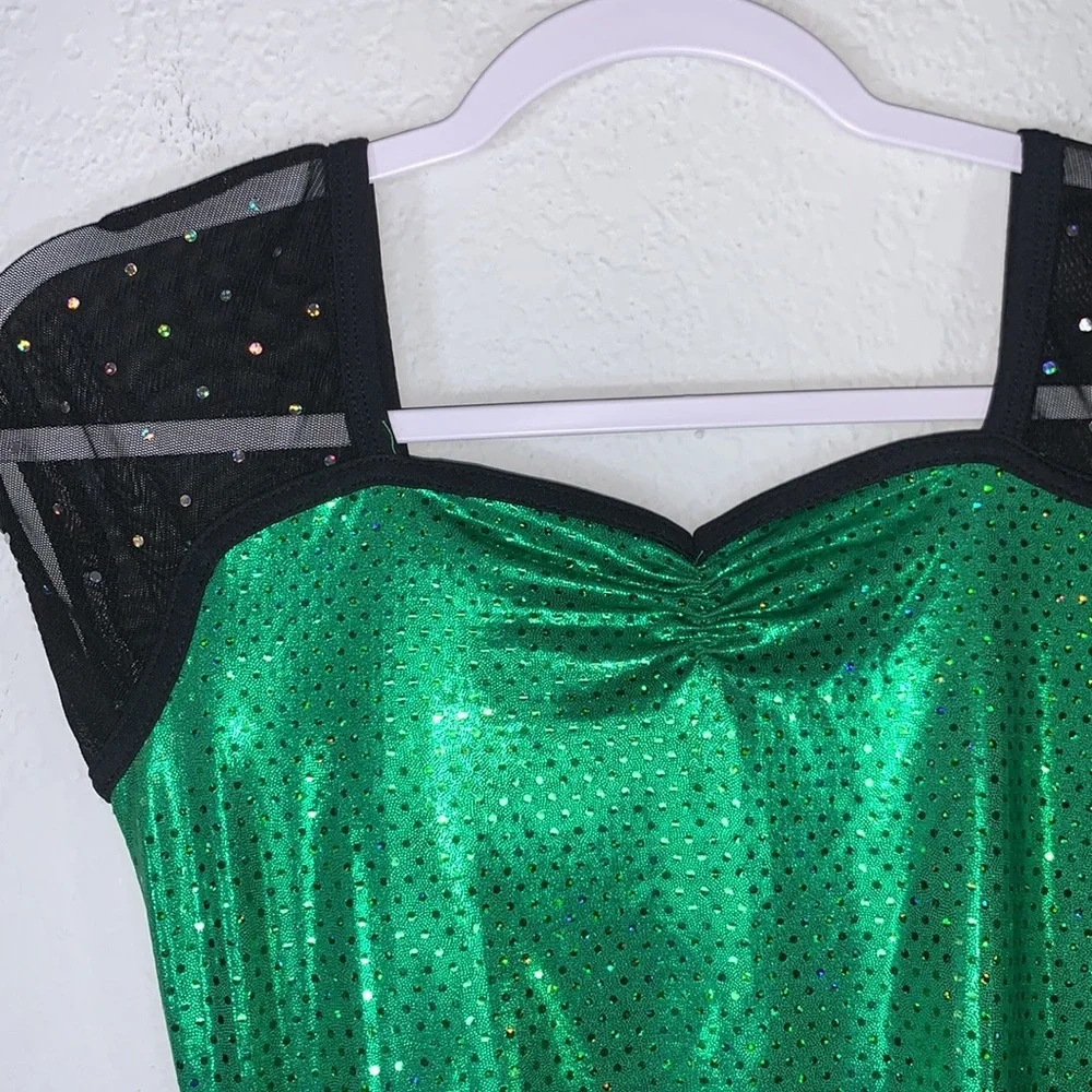 A Wish Come True Yeah Leotard Neon Green Black Rhinestone LC Size 12-14 EUC
